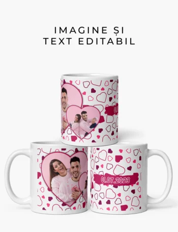 Cană Personalizată Pentru Îndrăgostiți cu Poza și Textul Tău - în Formă de Inimi