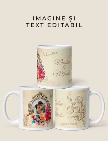 Cană Personalizată Casă de Piatră – Cadou de Nuntă pentru Tineri Însurăței