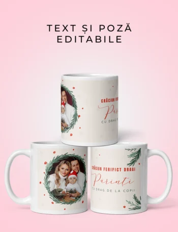 Cană De Crăciun Personalizată Cu Text Și Poză - Dragi Părinți